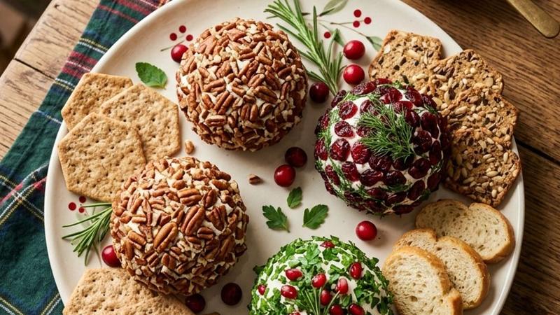 Three Christmas cheese balls with cranberry pecan, herb, and everything bagel coatings on a festive serving board with crackers