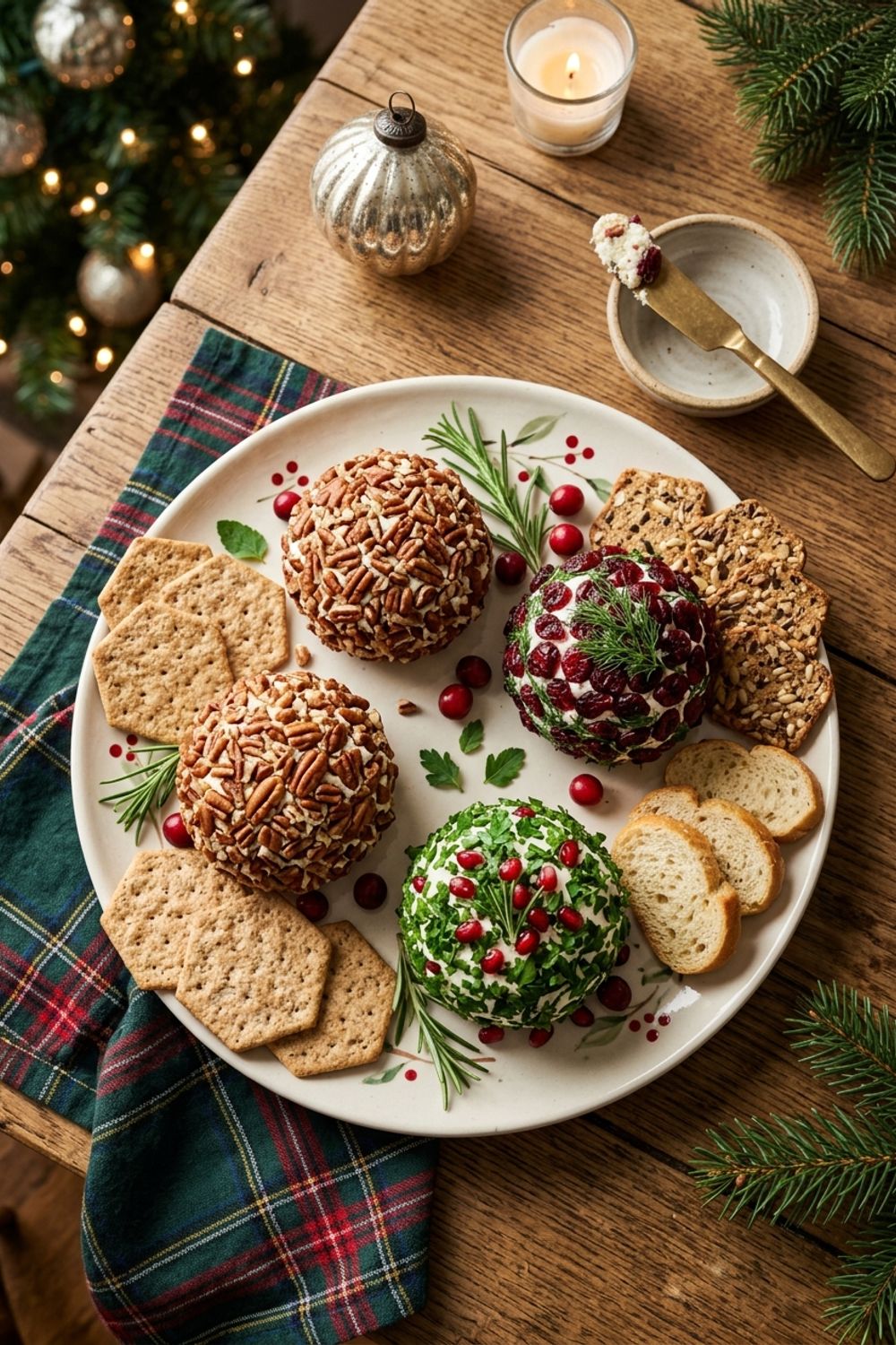 Three Christmas cheese balls with cranberry pecan, herb, and everything bagel coatings on a festive serving board with crackers