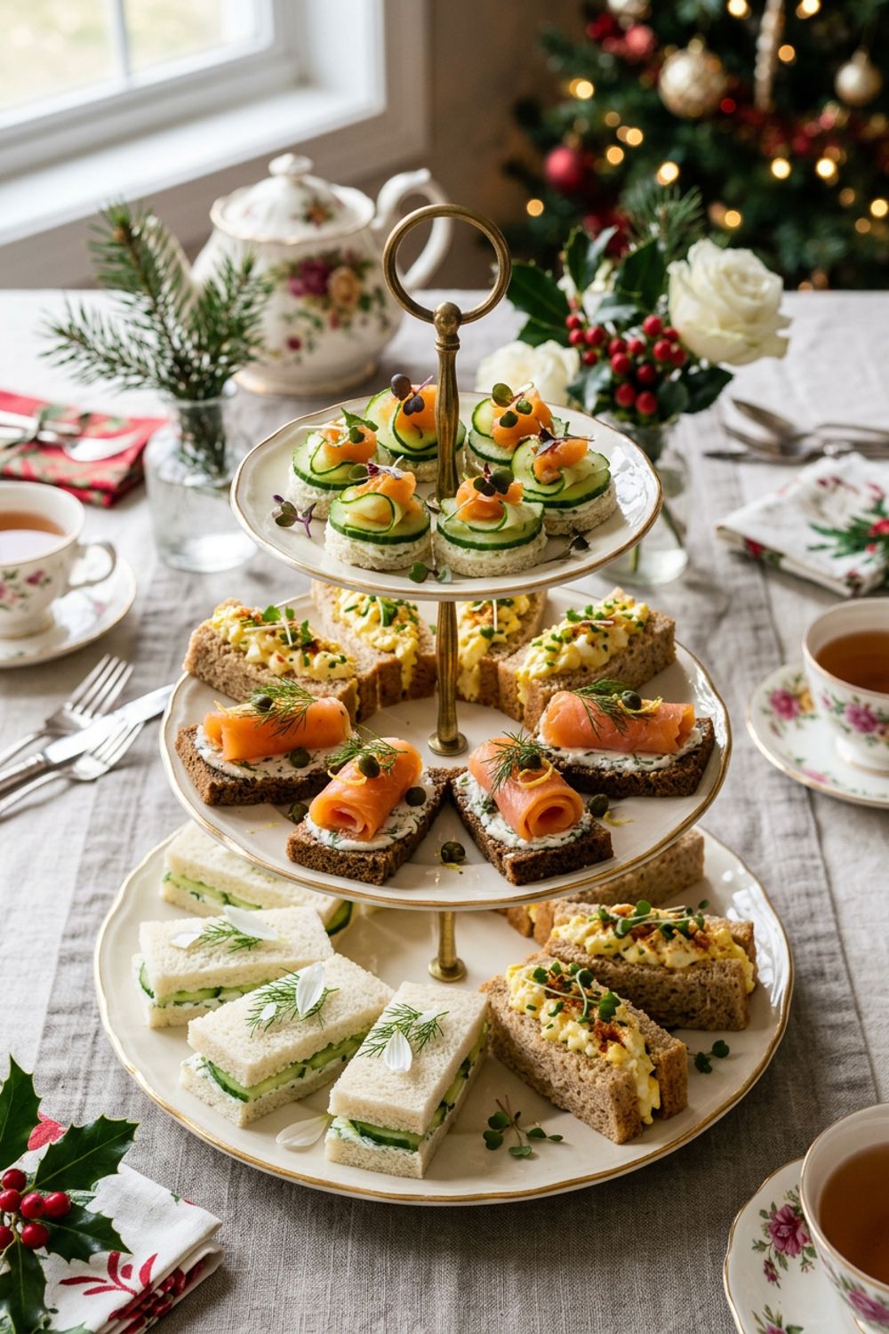 Platter of assorted Christmas finger sandwiches arranged in rows with cranberry and herb garnishes