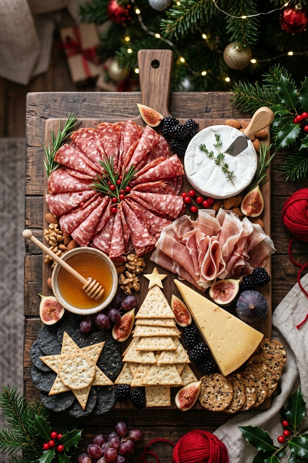 Festive Christmas meat and cheese board with rolled deli meats, cheese slices, crackers, and holiday garnishes