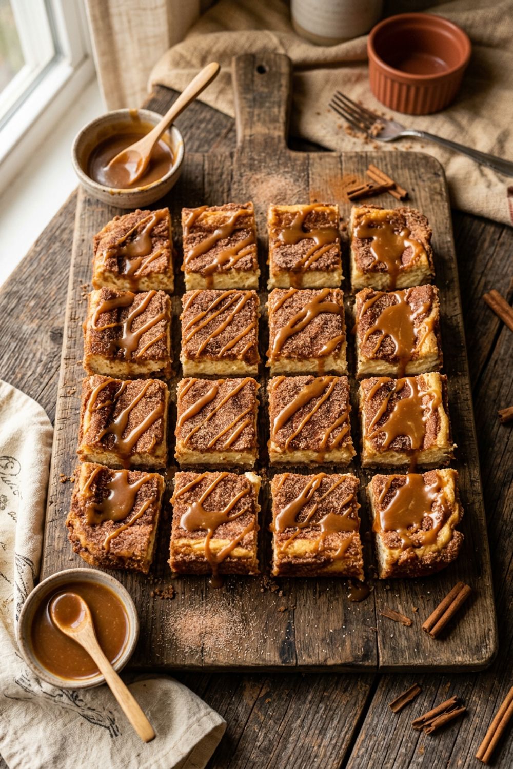 Churro cheesecake topped with cinnamon sugar whipped cream and dulce de leche drizzle on a serving plate