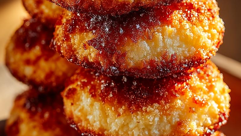 Golden-brown cinnamon panko cookies with crispy panko coating, dusted with cinnamon sugar, stacked on a rustic wooden surface with warm afternoon light