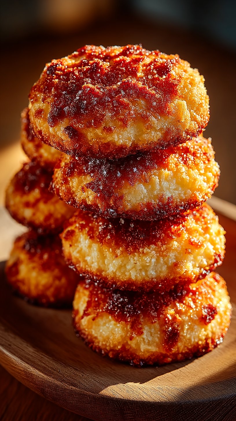 Golden-brown cinnamon panko cookies with crispy panko coating, dusted with cinnamon sugar, stacked on a rustic wooden surface with warm afternoon light
