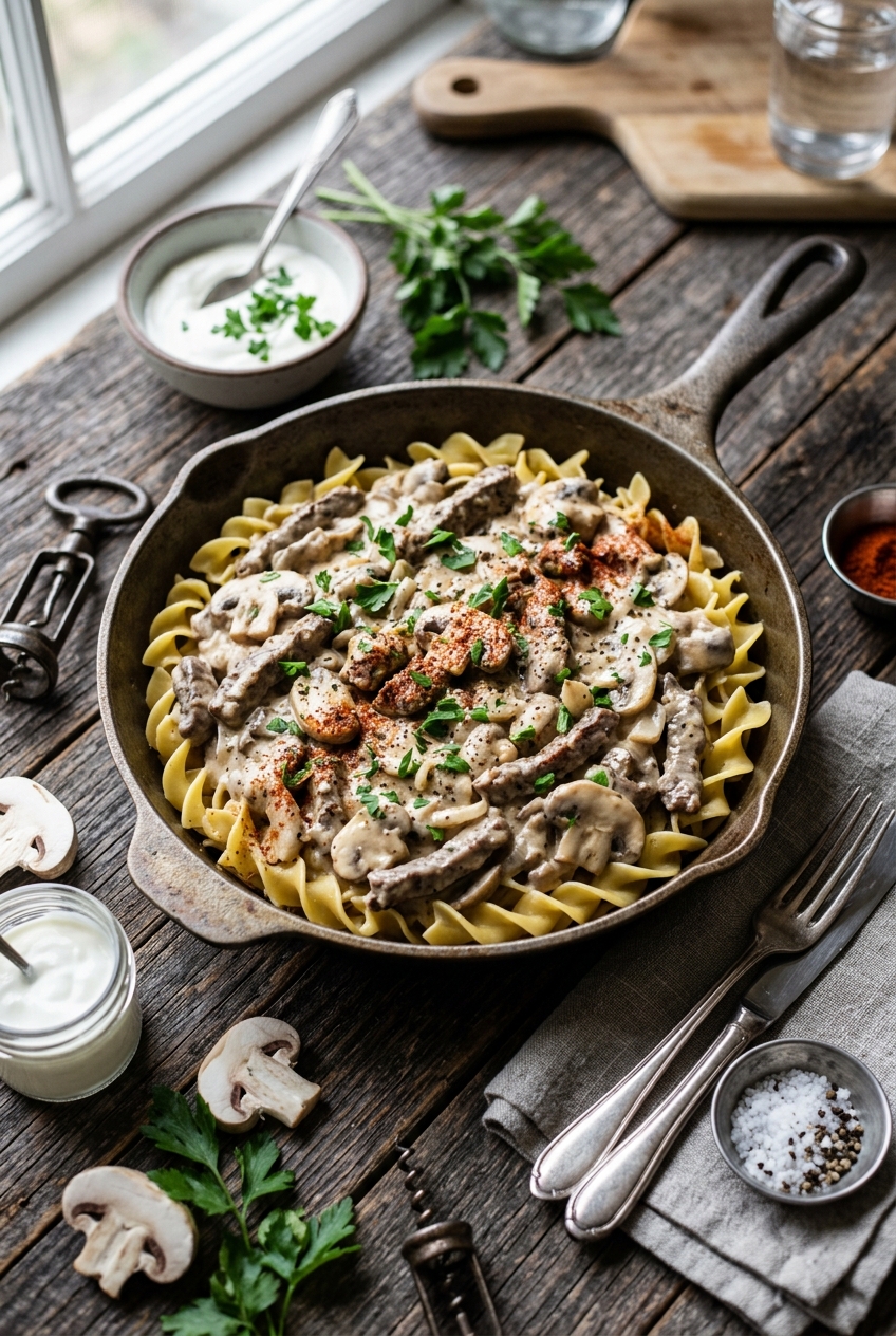 Creamy beef stroganoff with tender beef strips and mushrooms in rich sour cream sauce served over egg noodles, garnished with fresh parsley