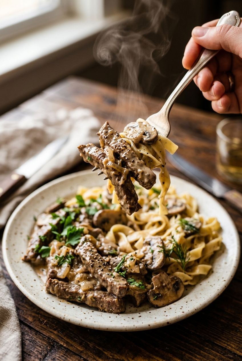 Close-up of beef stroganoff showing the creamy texture of the sauce coating tender beef strips and golden mushrooms over wide egg noodles