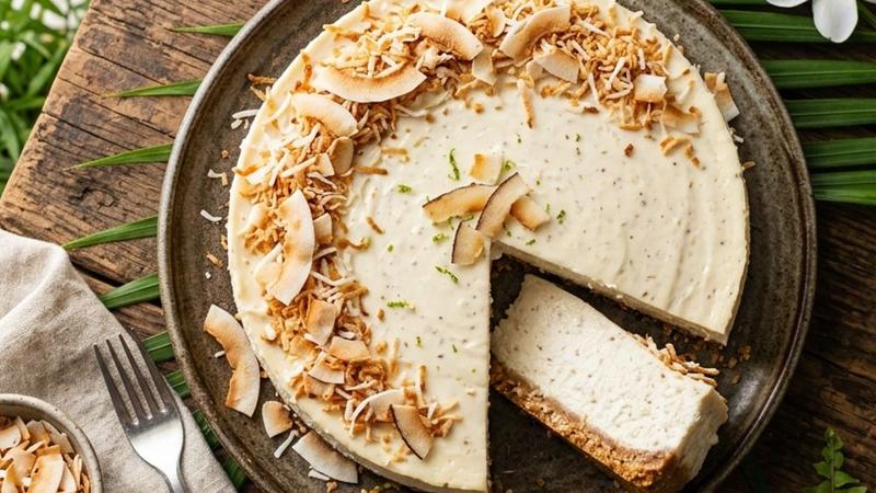 Whole coconut cheesecake topped with toasted coconut flakes on a wooden cake stand