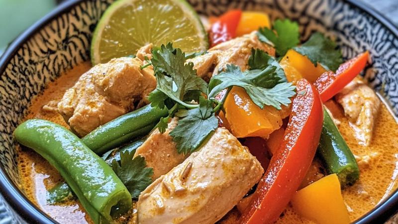Creamy coconut chicken curry in a white bowl garnished with fresh cilantro, lime wedge, and red chili slices, served over jasmine rice with natural lighting
