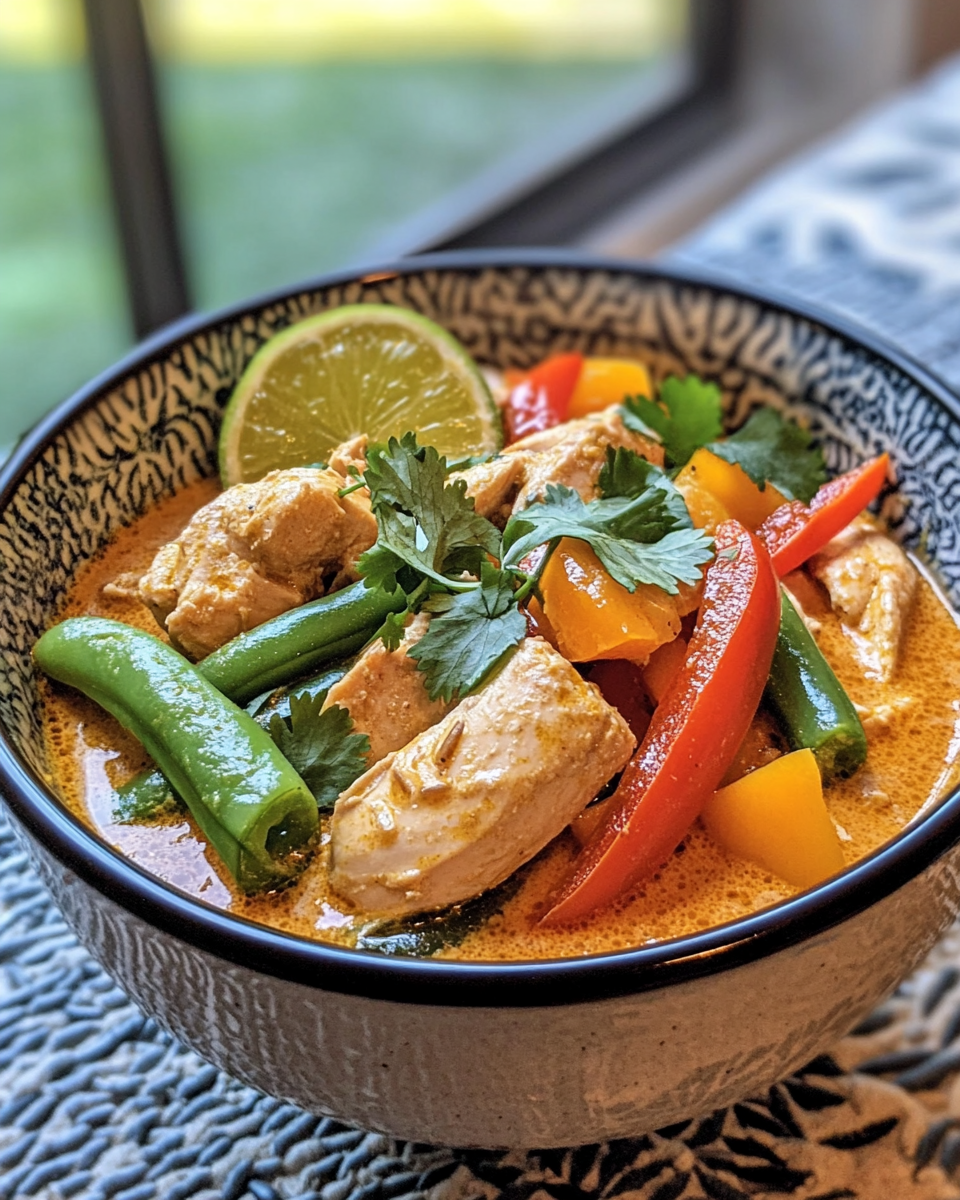Creamy coconut chicken curry in a white bowl garnished with fresh cilantro, lime wedge, and red chili slices, served over jasmine rice with natural lighting