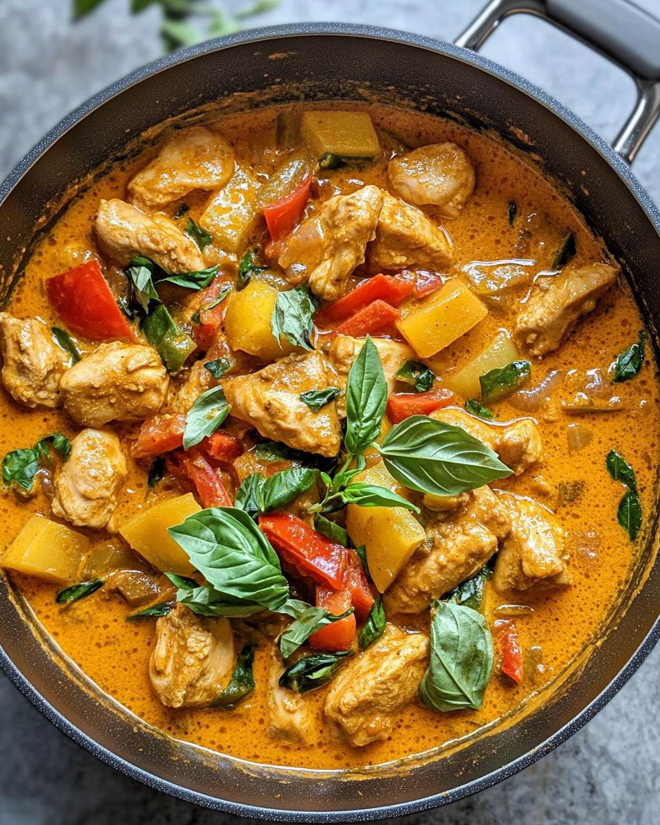 Overhead view of coconut chicken curry pot showing tender chicken pieces, bell peppers, and green beans in rich creamy coconut sauce with fresh basil garnish