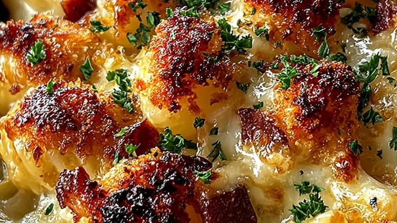 Close-up of creamy coquillettes au jambon in a ceramic gratin dish, showing melted golden cheese topping, tender shell pasta coated in smooth béchamel sauce with visible diced ham throughout, garnished with fresh parsley, natural kitchen lighting