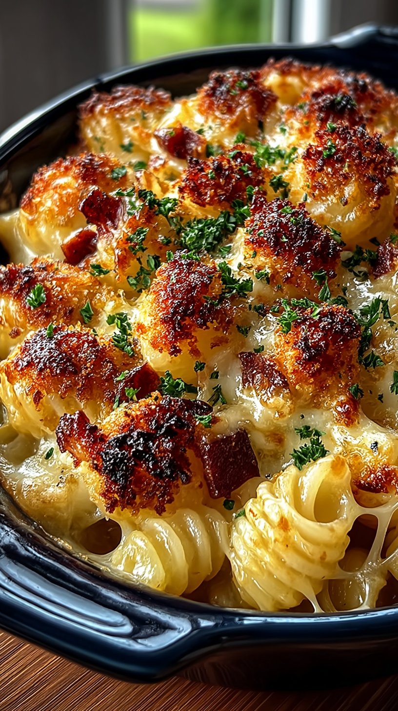 Close-up of creamy coquillettes au jambon in a ceramic gratin dish, showing melted golden cheese topping, tender shell pasta coated in smooth béchamel sauce with visible diced ham throughout, garnished with fresh parsley, natural kitchen lighting