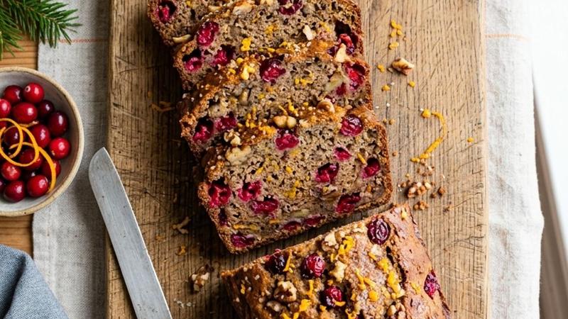 Cranberry orange banana bread loaf on a cutting board with slices showing ruby cranberries throughout