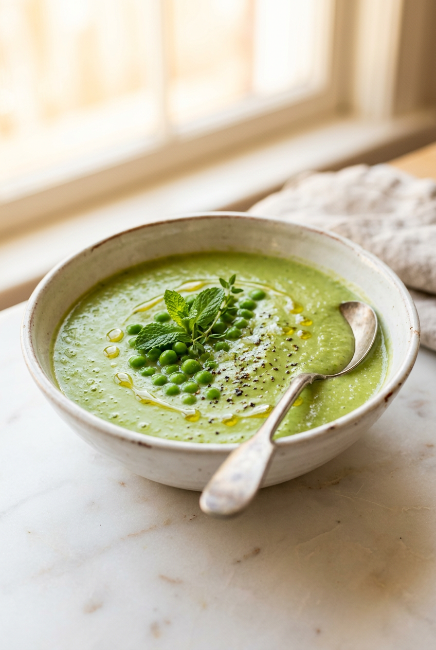 Close-up of silky creamed peas soup being blended with an immersion blender, showing the smooth, velvety texture