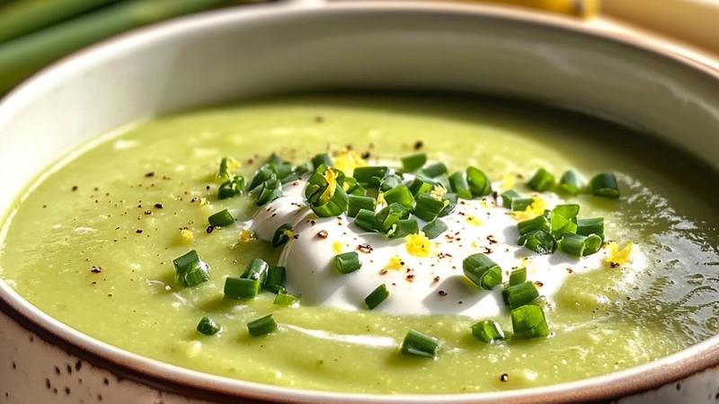 Creamy asparagus soup in a white bowl garnished with fresh chives, sour cream swirl, and lemon zest, with asparagus spears visible in soft natural light