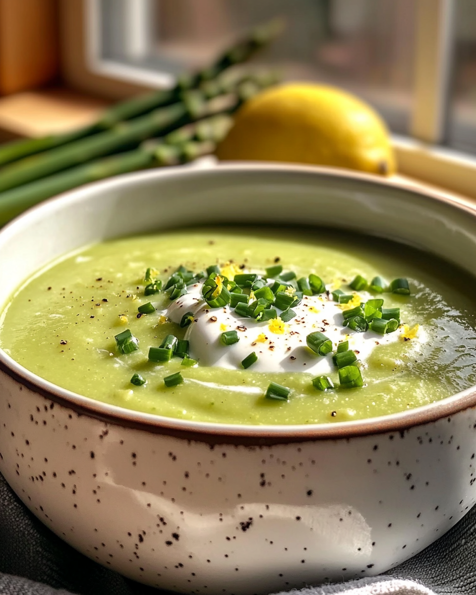 Creamy asparagus soup in a white bowl garnished with fresh chives, sour cream swirl, and lemon zest, with asparagus spears visible in soft natural light