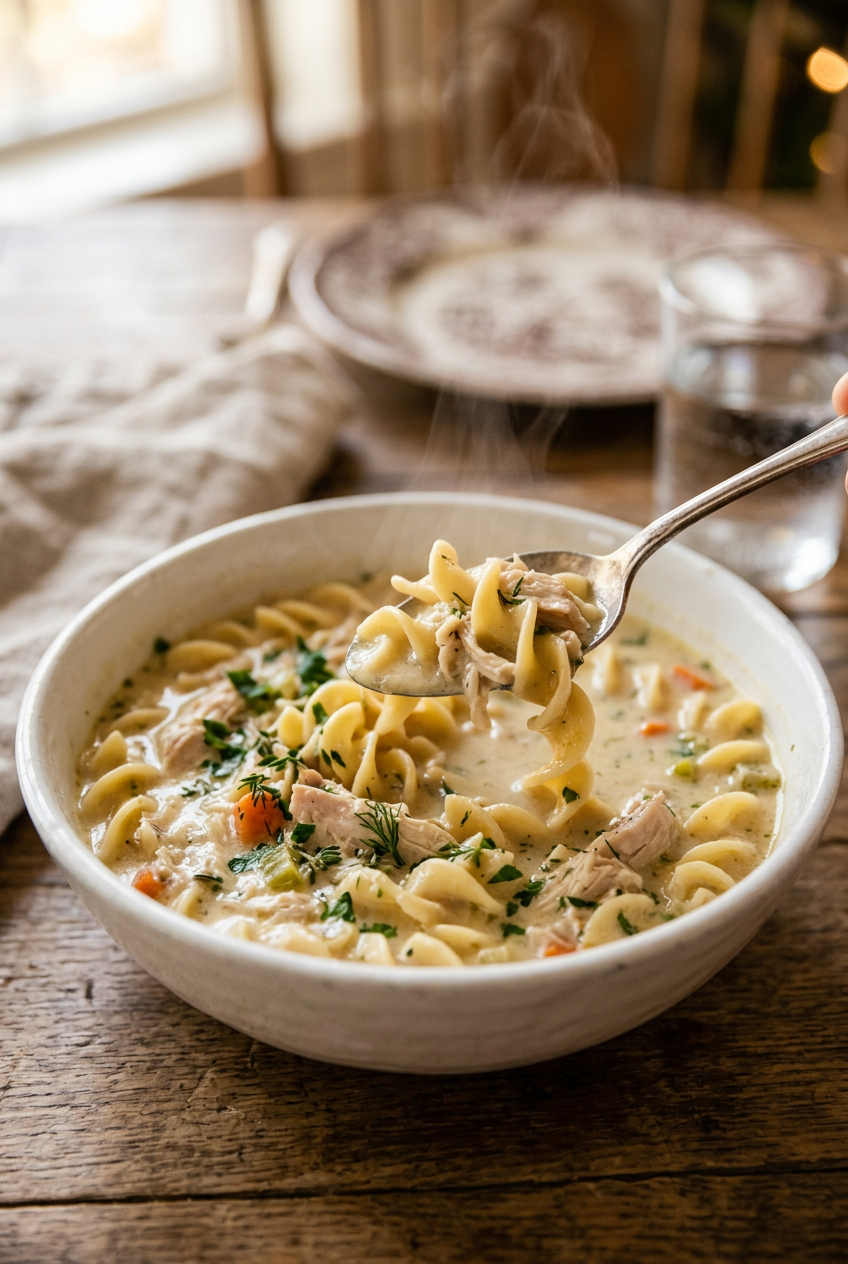 Close-up of creamy chicken noodle soup showing the rich, velvety broth with vegetables and noodles