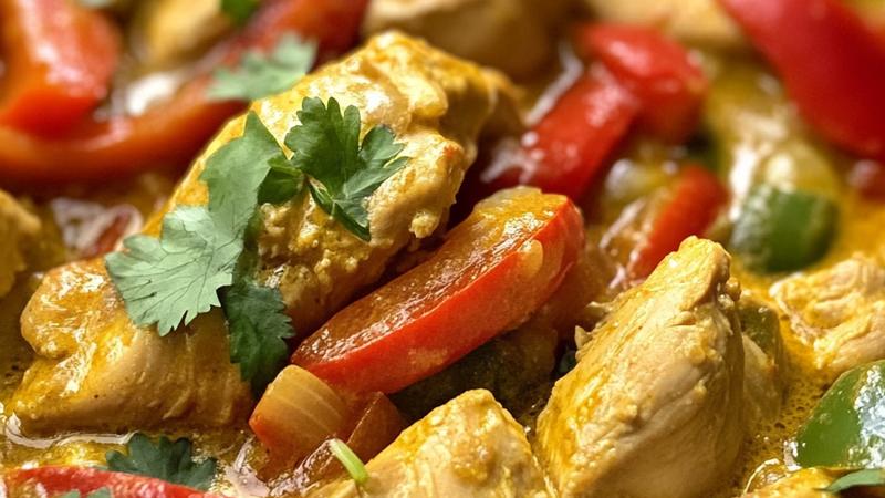 Creamy coconut chicken curry with tender chicken pieces, red bell peppers, and snap peas in rich golden sauce, garnished with fresh cilantro and lime wedge