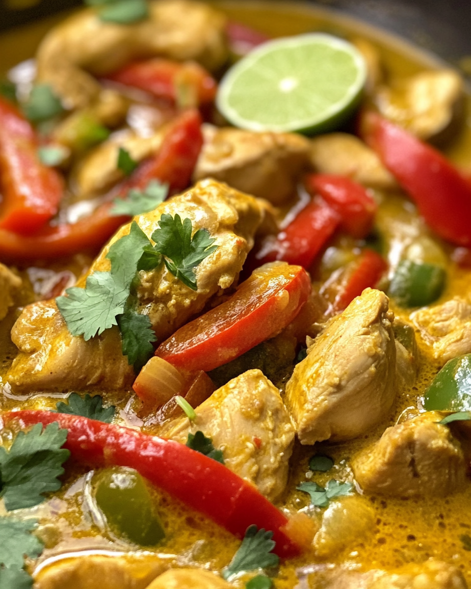 Creamy coconut chicken curry with tender chicken pieces, red bell peppers, and snap peas in rich golden sauce, garnished with fresh cilantro and lime wedge