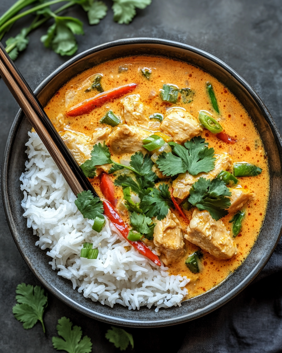 Overhead view of coconut chicken curry served in white bowl over jasmine rice, showing creamy sauce coating chicken and vegetables with cilantro garnish