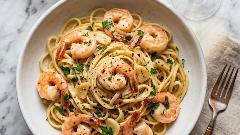 Creamy garlic butter shrimp pasta in a large white bowl garnished with fresh parsley and Parmesan
