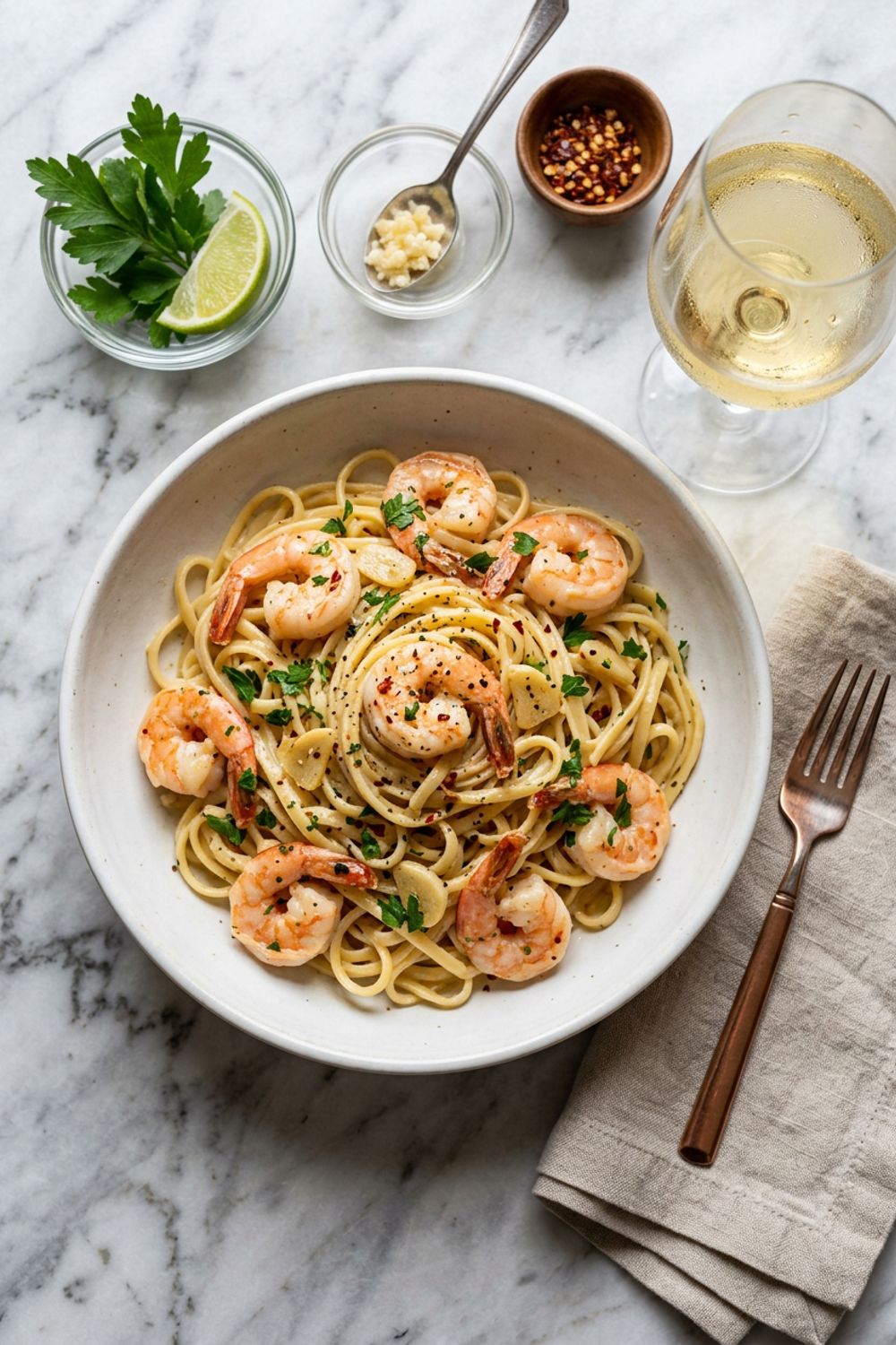 Creamy garlic butter shrimp pasta in a large white bowl garnished with fresh parsley and Parmesan