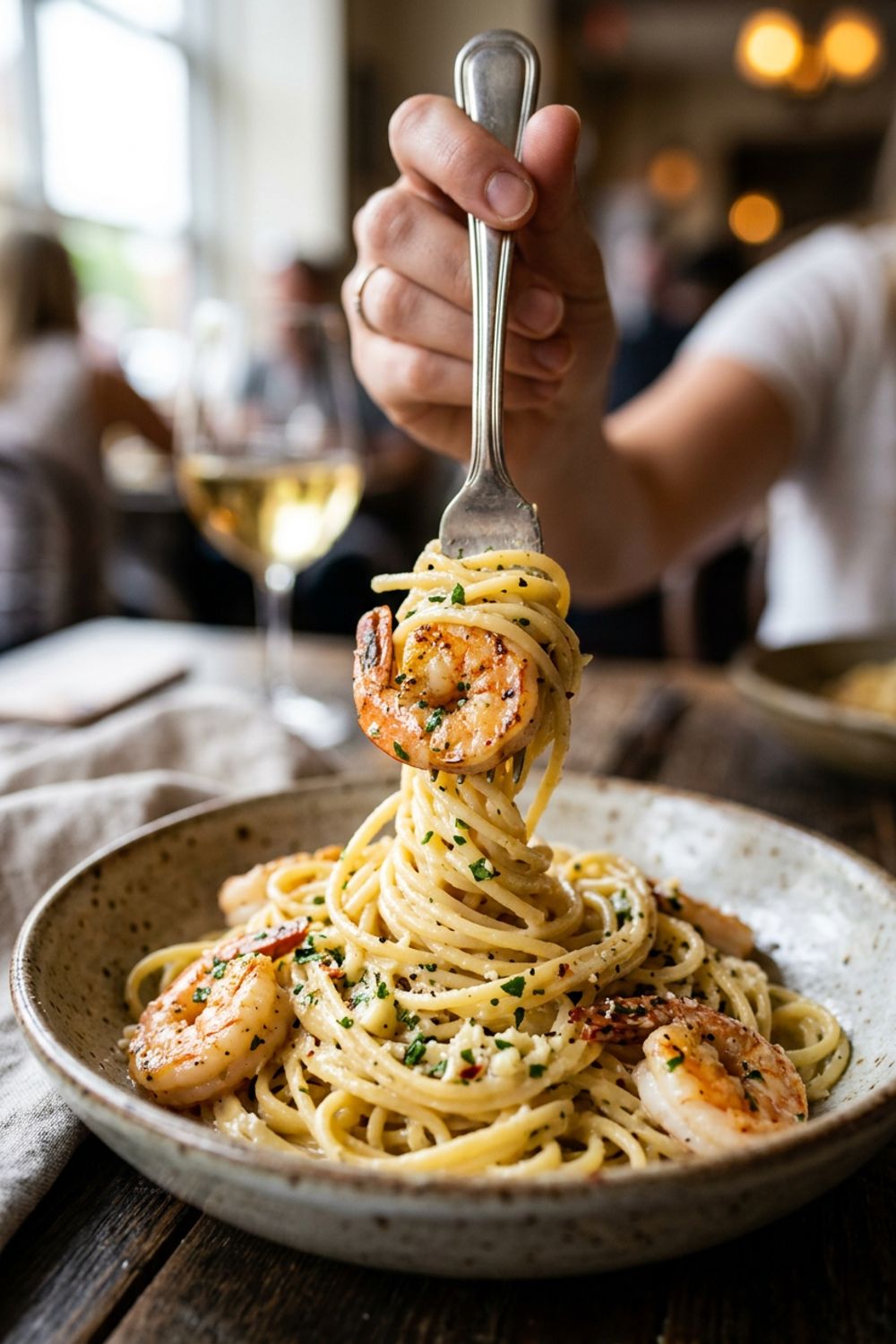 Shrimp being seared in a golden garlic butter sauce in a stainless steel skillet