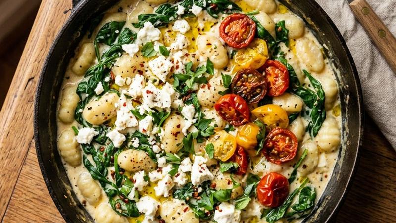 Creamy gnocchi with spinach and crumbled feta cheese in a rustic ceramic bowl