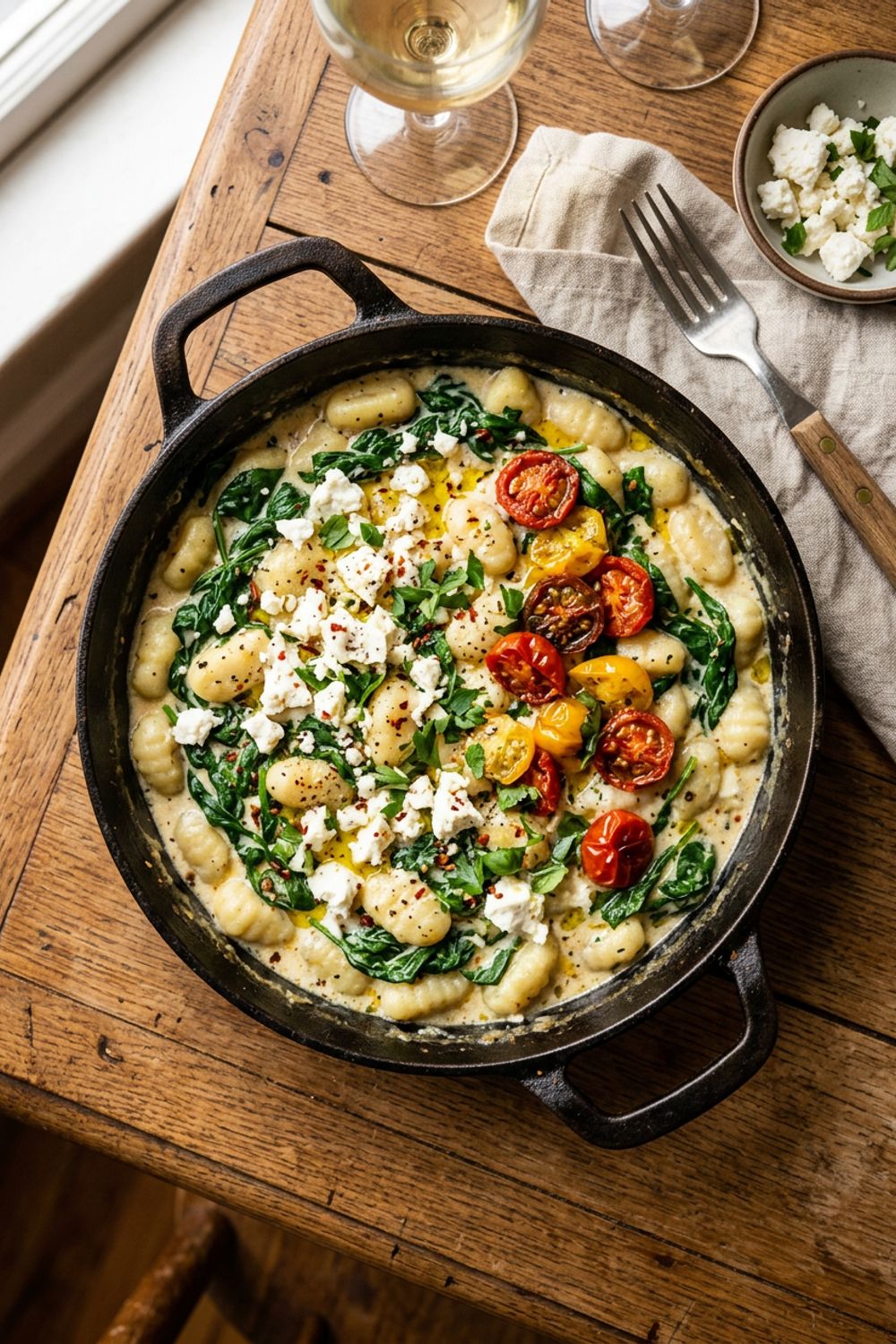 Creamy gnocchi with spinach and crumbled feta cheese in a rustic ceramic bowl