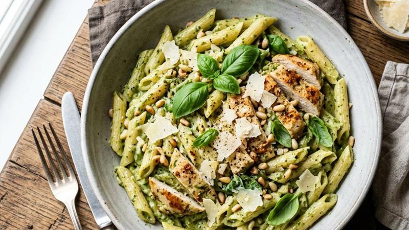 Creamy pesto chicken pasta in a white bowl topped with fresh basil and shaved parmesan