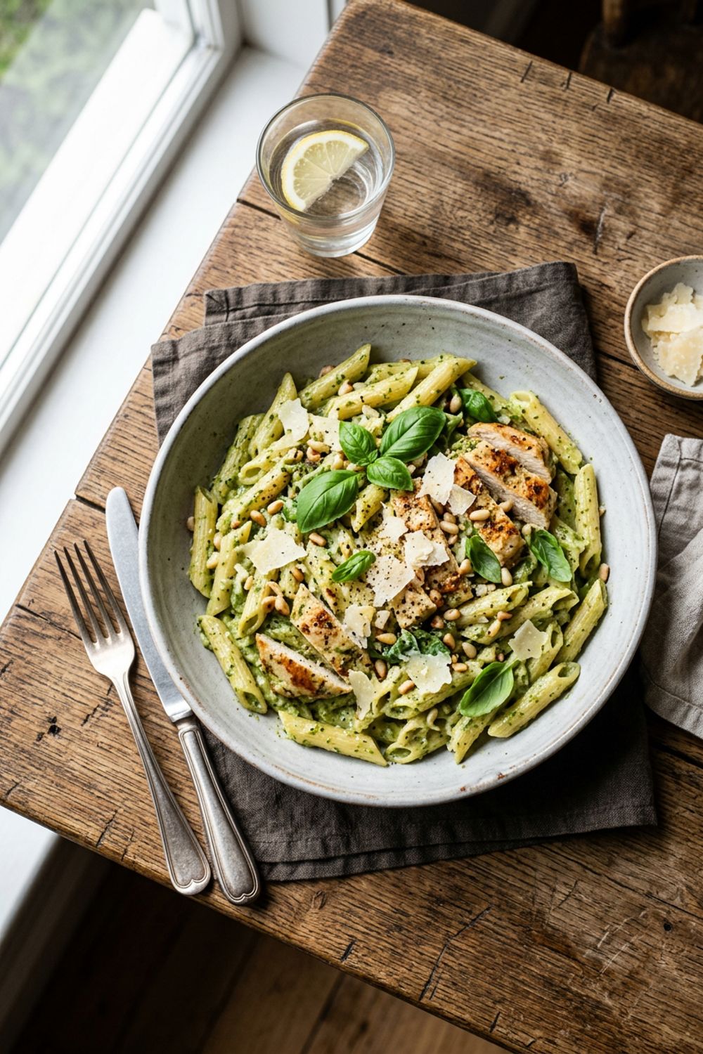 Creamy pesto chicken pasta in a white bowl topped with fresh basil and shaved parmesan