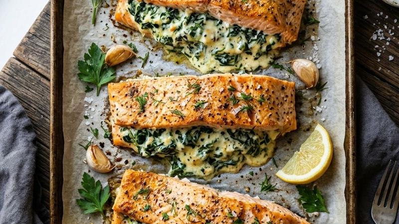 Golden baked salmon fillets stuffed with creamy spinach filling on a white plate