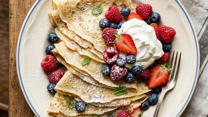 A stack of thin golden French crêpes on a white plate with powdered sugar and lemon wedges