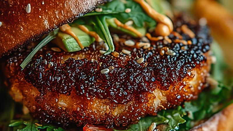 A beautifully crafted crispy spicy tuna California avocado burger featuring a golden-seared tuna patty, creamy green avocado slices, fresh arugula, crispy sesame seeds, and sriracha mayo on a toasted brioche bun, captured close-up with natural lighting showing moisture and texture