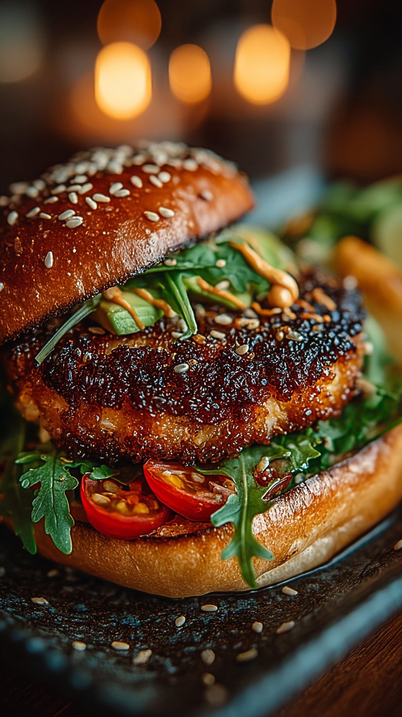A beautifully crafted crispy spicy tuna California avocado burger featuring a golden-seared tuna patty, creamy green avocado slices, fresh arugula, crispy sesame seeds, and sriracha mayo on a toasted brioche bun, captured close-up with natural lighting showing moisture and texture