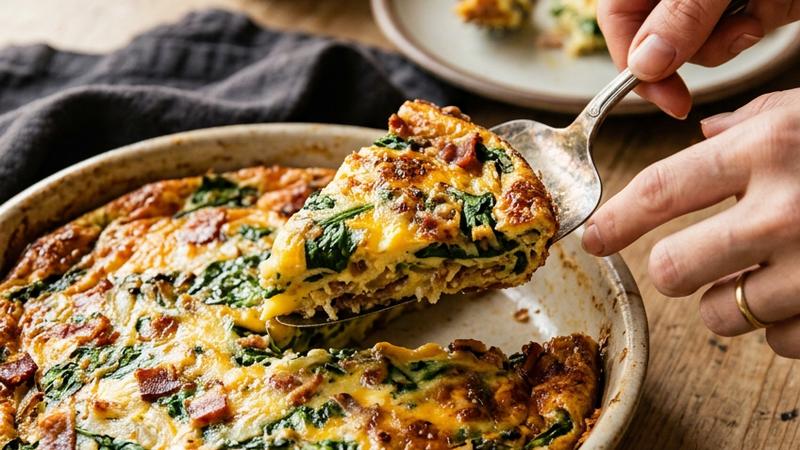 Golden-brown crustless quiche with spinach, bacon, and cheese, fresh from the oven, showing creamy custard texture