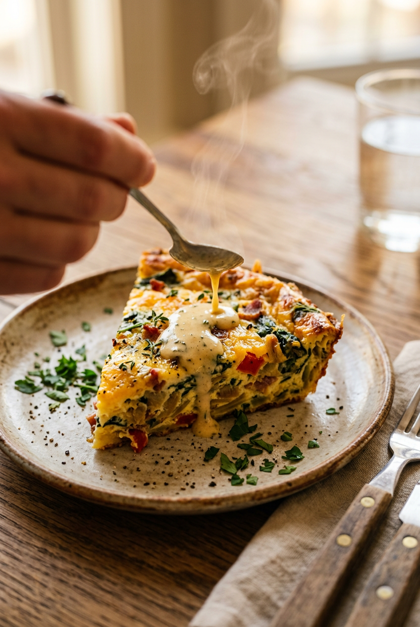 Close-up slice of crustless quiche on a white plate with fresh green salad and lemon wedge garnish
