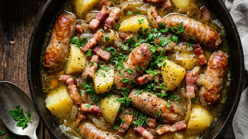 Steaming bowl of authentic Dublin Coddle with layers of golden potatoes, browned sausages and bacon in rich broth, garnished with fresh parsley