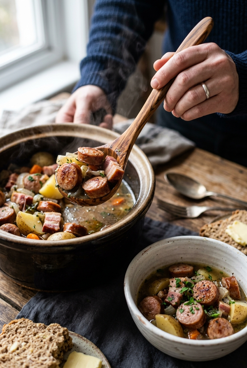 Close-up view of Dublin Coddle showing the layered texture with tender potatoes, caramelized onions, and perfectly cooked Irish sausages in a rustic ceramic bowl