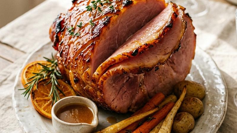 Golden-brown glazed Easter ham with caramelized honey coating, scored surface, and decorative pineapple rings with maraschino cherries, fresh rosemary garnish on white serving platter