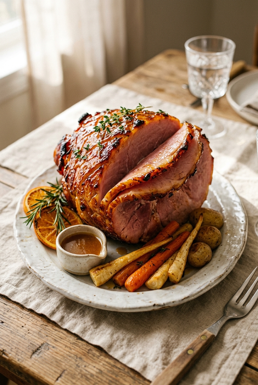 Golden-brown glazed Easter ham with caramelized honey coating, scored surface, and decorative pineapple rings with maraschino cherries, fresh rosemary garnish on white serving platter
