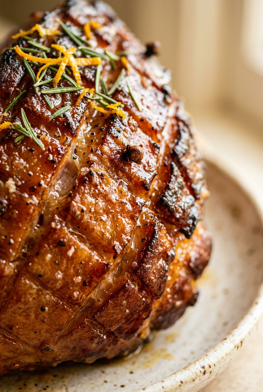 Close-up of glossy honey glaze being brushed onto scored ham surface with pastry brush, showing caramelized edges and rich mahogany color