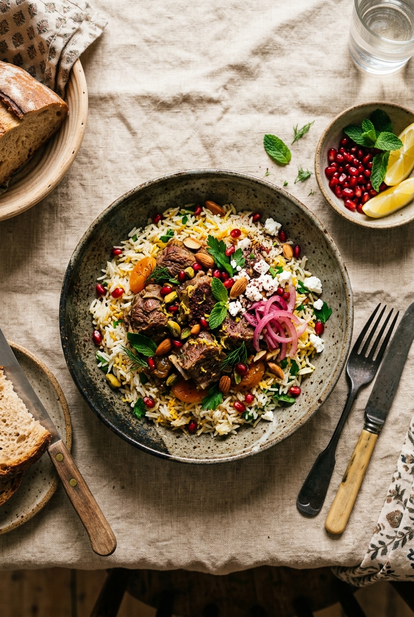 Perfectly seared herb-crusted lamb chops with golden crust, garnished with fresh mint and served with rich matchmaker sauce on an elegant white plate