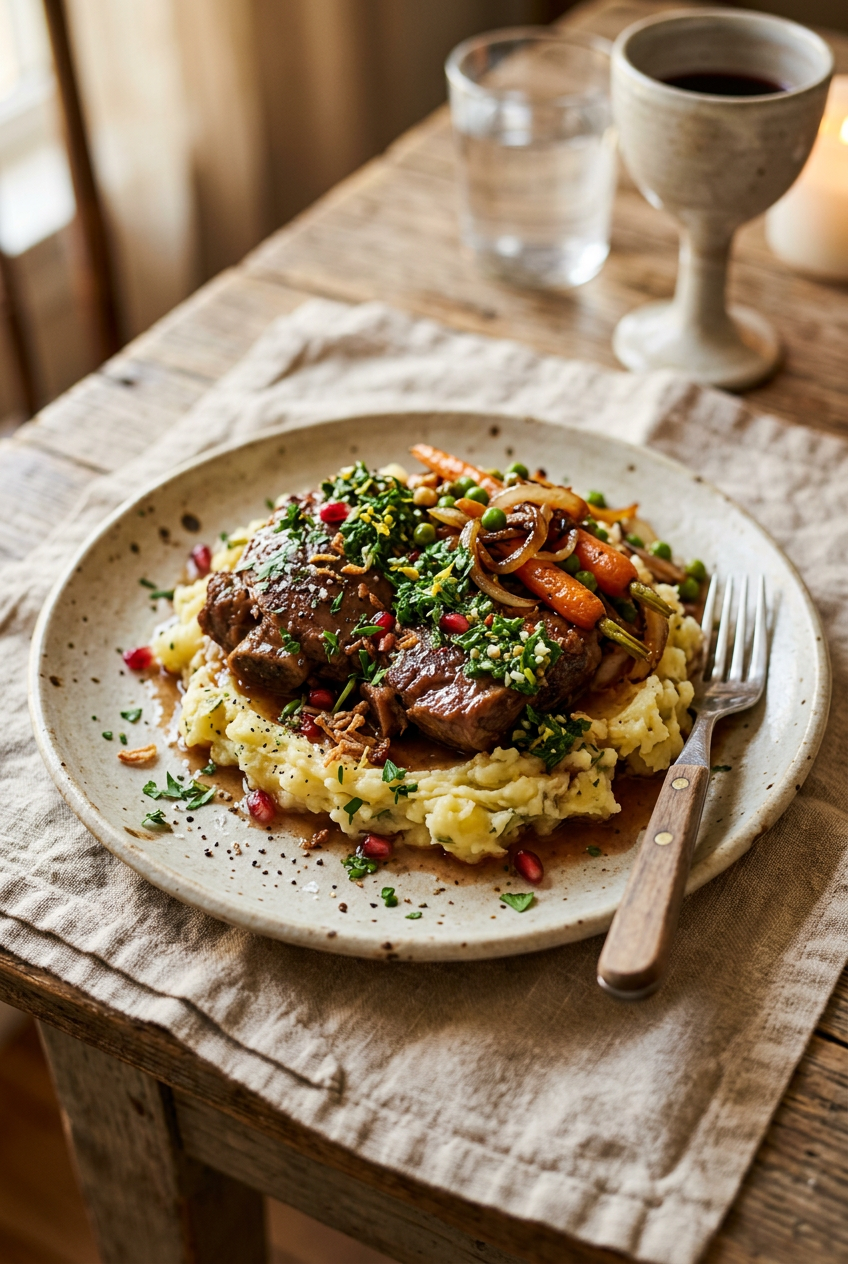 Close-up of creamy mustard-honey matchmaker sauce being spooned over tender lamb, showing the silky texture and rich golden color of the sauce