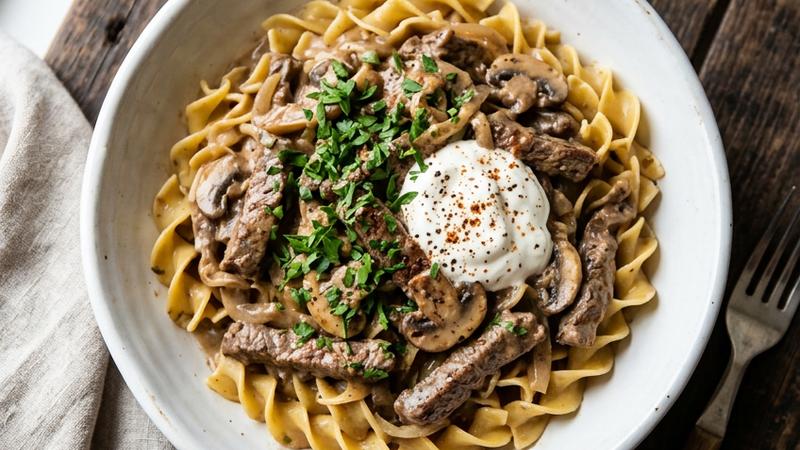 Creamy beef stroganoff served over egg noodles in a white bowl, garnished with fresh parsley