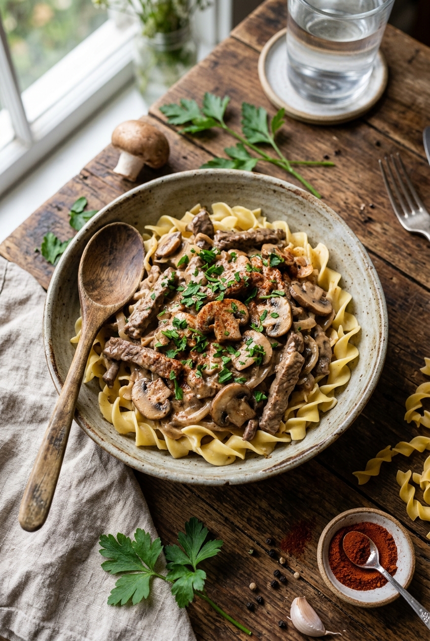 Creamy beef stroganoff with tender beef strips and mushrooms served over egg noodles, garnished with fresh parsley