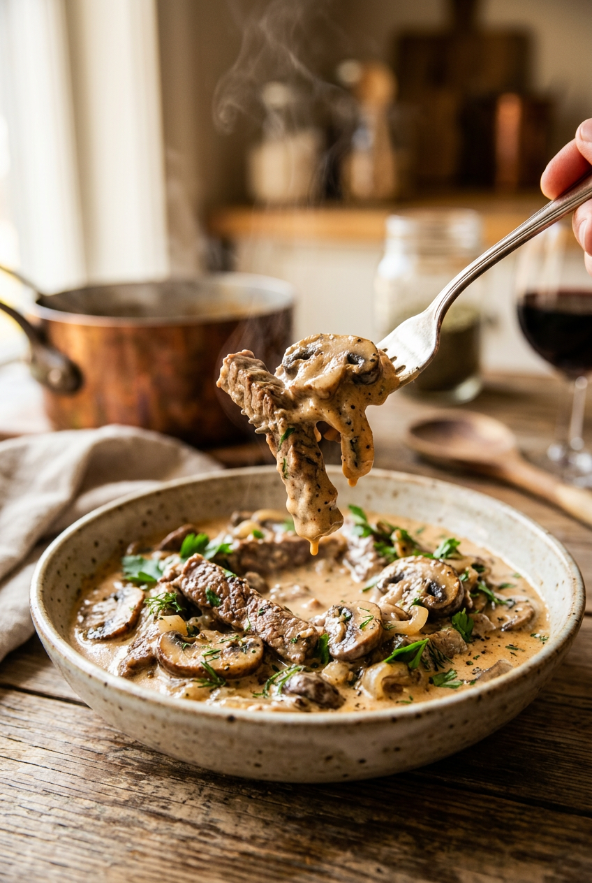 Close-up of beef stroganoff cooking in a skillet showing the rich, creamy sauce coating the beef and mushrooms