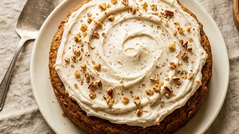 A beautiful three-layer carrot cake with creamy white cream cheese frosting, garnished with grated carrots and chopped walnuts on top