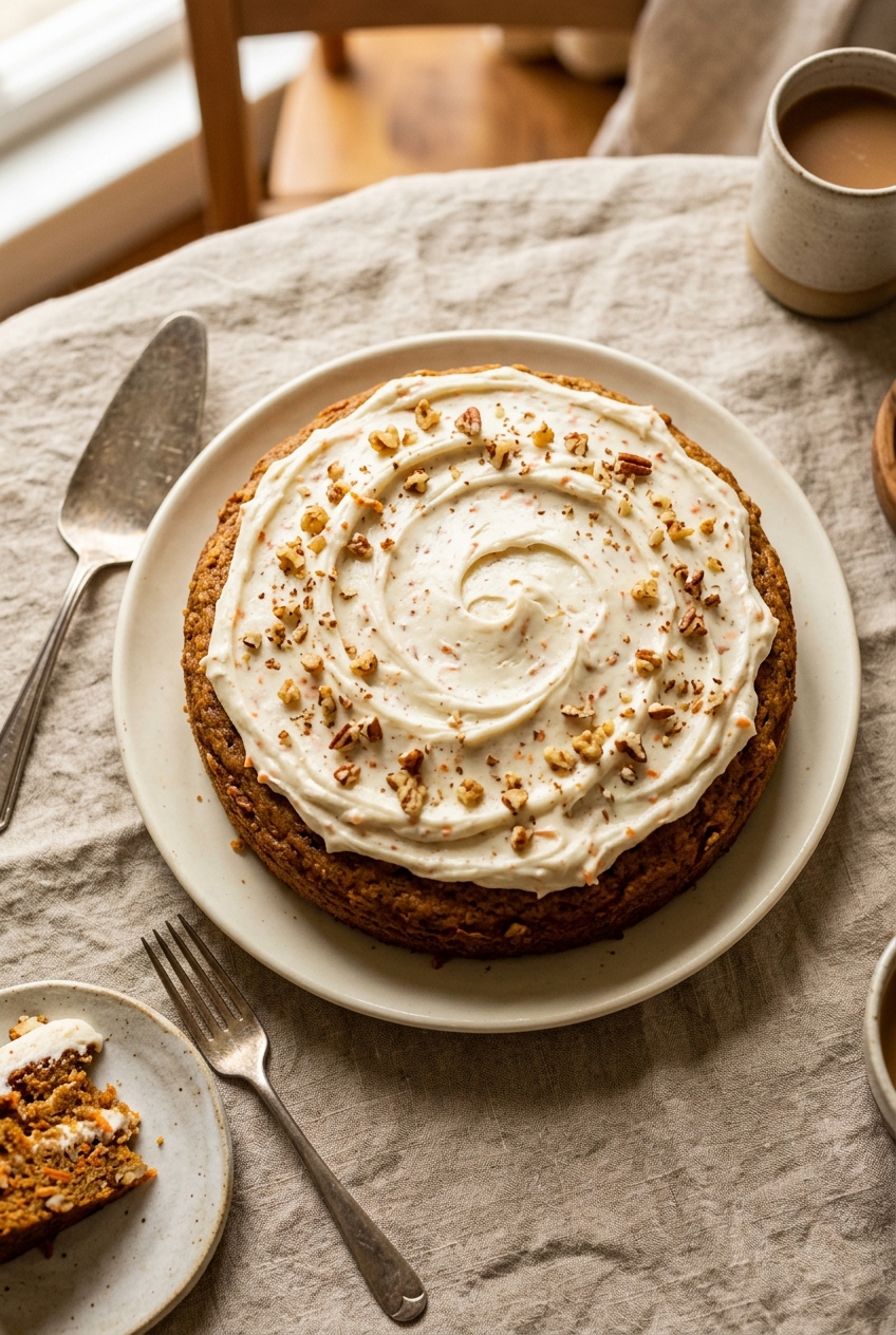 A beautiful three-layer carrot cake with creamy white cream cheese frosting, garnished with grated carrots and chopped walnuts on top