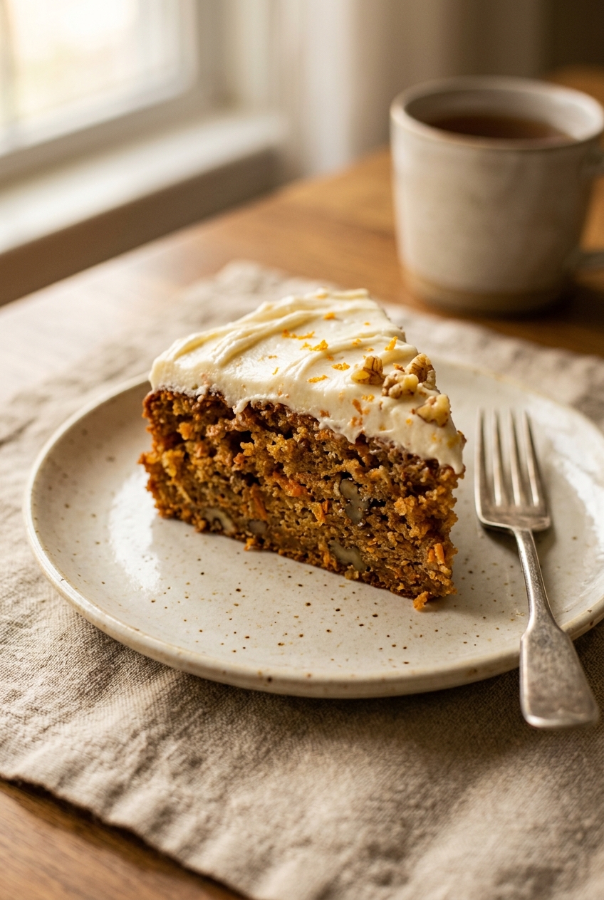Close-up of a slice of moist carrot cake showing the tender crumb studded with shredded carrots and pineapple pieces, topped with thick cream cheese frosting