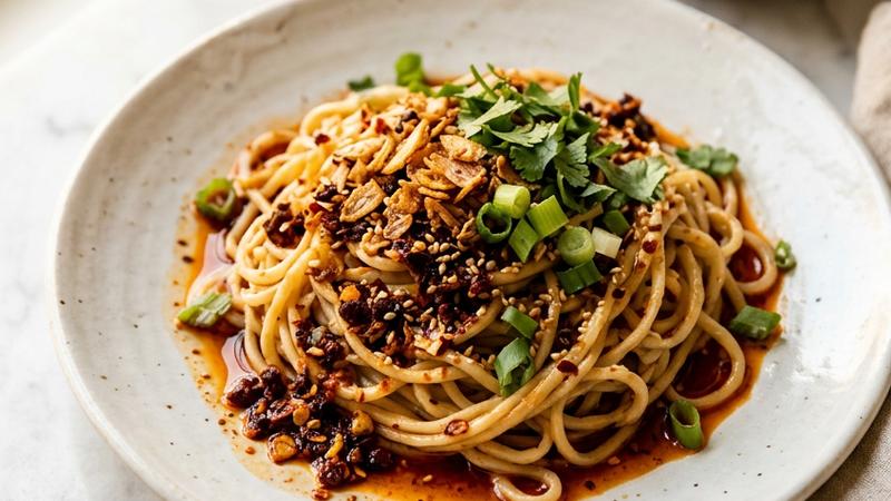 Golden-brown homemade chilli crisp in a glass jar with crispy chilli flakes and sesame seeds visible, surrounded by fresh garlic and dried red chilies